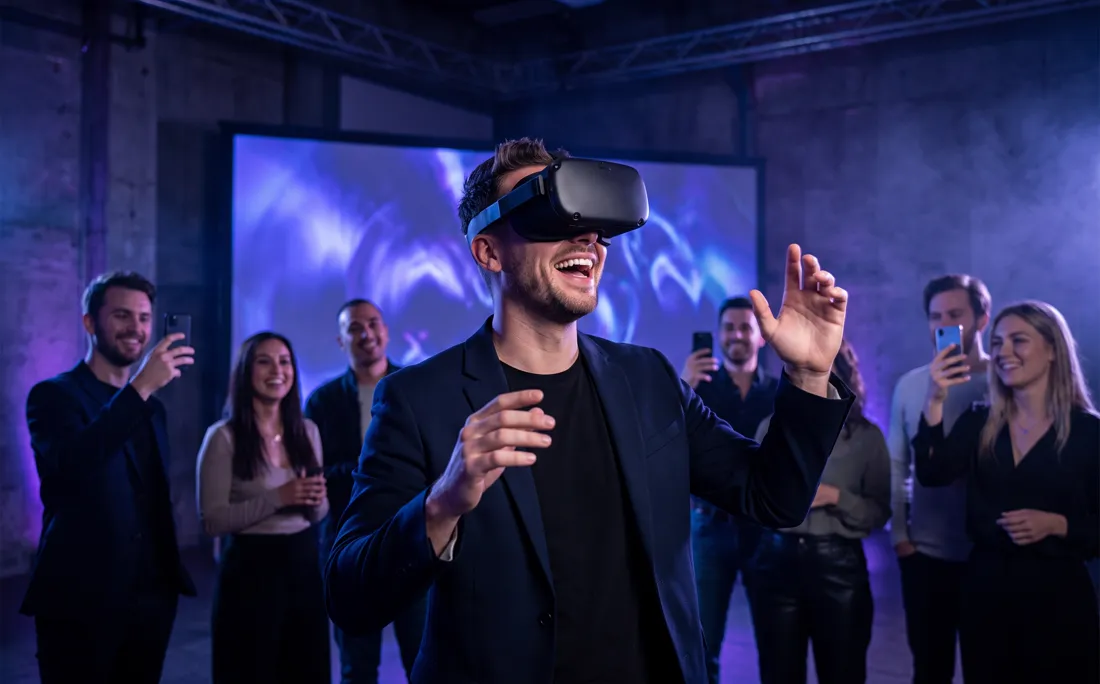 Un joueur en réalité virtuelle pendant que le public regarde et filme